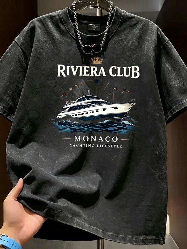 Vintage Washed T-Shirt, Men's Retro Yacht & Ocean Wave Graphic, Luxury Nautical Style, Casual Loose Street Tee_viptrois.com