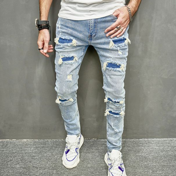 American High Street Fashion Brand Ripped Slim Fit Small Leg Elastic Jeans Men's Pants_viptrois.com