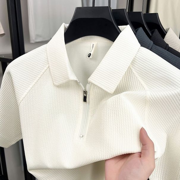 Men's Solid Color Collared Short Sleeved T-Shirt Half Zip Polo Shirt Loose Casual Summer Top Split Design_viptrois.com