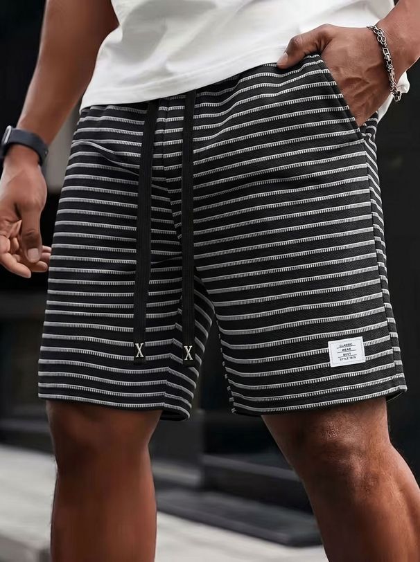 Men's Retro Striped Shorts Summer Style Loose Fit Breathable Beach Pants Waffle Pattern Five Point Handsome European American_viptrois.com