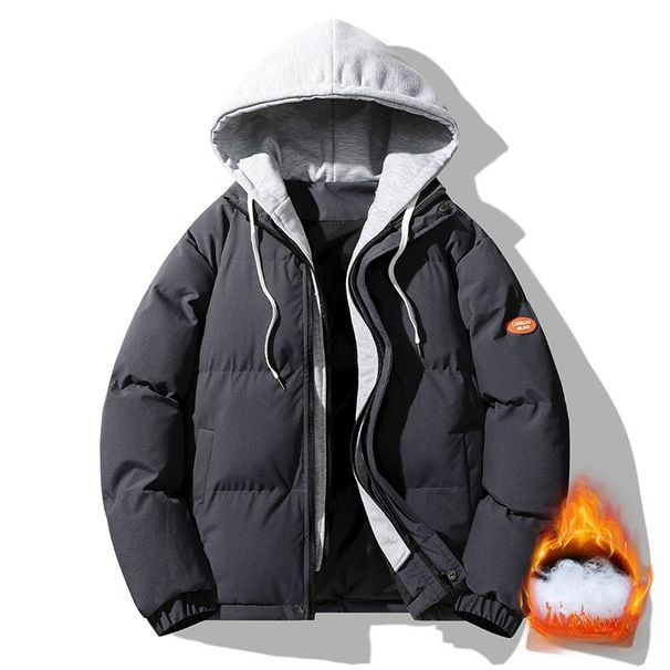 2025 Couple Fake Two-piece Down Cotton-padded Jacket Men's Hooded Jacket Warm Thickened Cotton Clothes Trendy Bread Clothes Top_viptrois.com