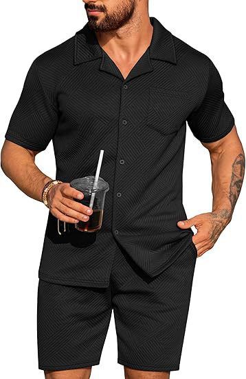 2025 Men's Lapel Cardigan And Two-Piece Set Summer Solid Color Casual Fashion Short Sleeve Shorts_viptrois.com
