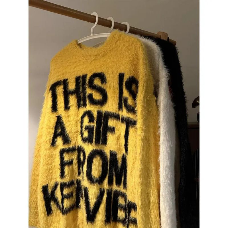 Letter Jacquard Seahorse Plush Sweater Men's Autumn/Winter Loose Knitted Sweater_viptrois.com