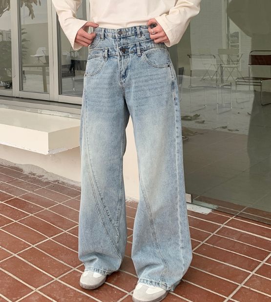 Men's Clothing Personality Double Waist Washed Jeans Men's Loose Versatile High Street Casual Trousers_viptrois.com