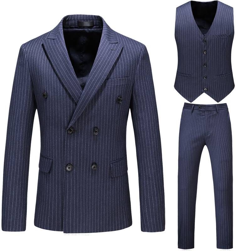 Men's Casual European And American Business Striped Double-breasted Suit, Groom, Best Man, Banquet Host, Three-piece Suit + Waistcoat + Long Pants_viptrois.com