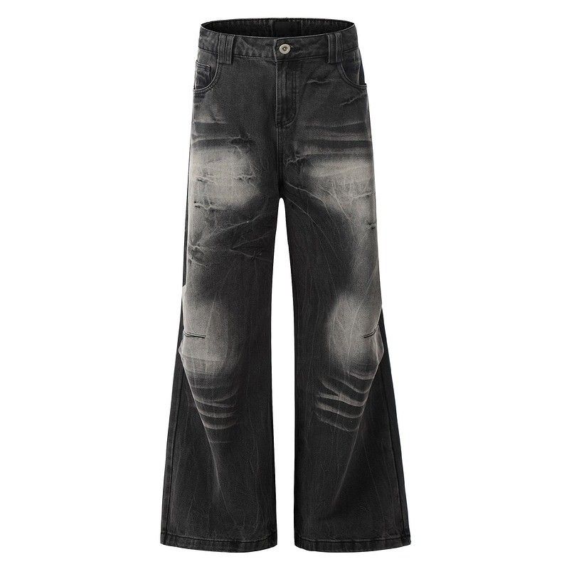 Men's Clothing Retro Distressed Lightning Crack Flared Jeans Color Matching Cleanfit Loose Casual Wide Leg Flared Trousers_viptrois.com