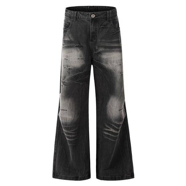 Men's Clothing Retro Distressed Lightning Crack Flared Jeans Color Matching Cleanfit Loose Casual Wide Leg Flared Trousers_viptrois.com