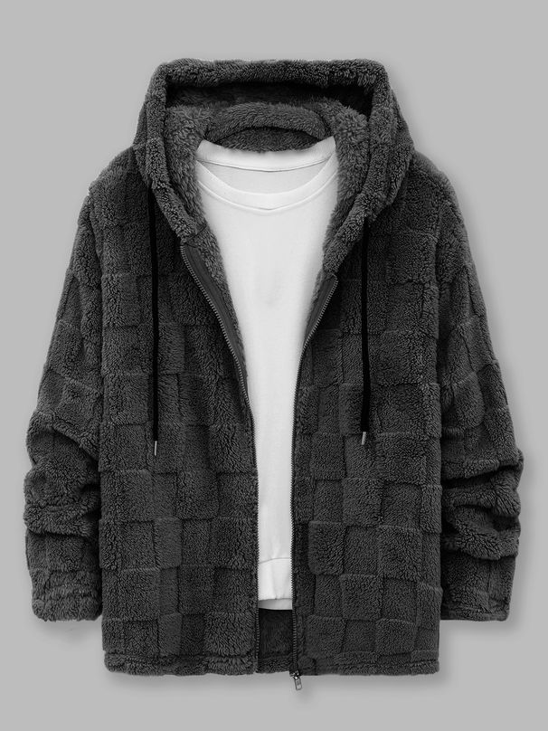 "Men's Fleece Zip-Up Hoodie - Winter Plaid Lined Jacket, Warm & Stylish, Double Patch Design, Casual Outerwear (Black/White/Grey/Blue/Apricot)"_viptrois.com
