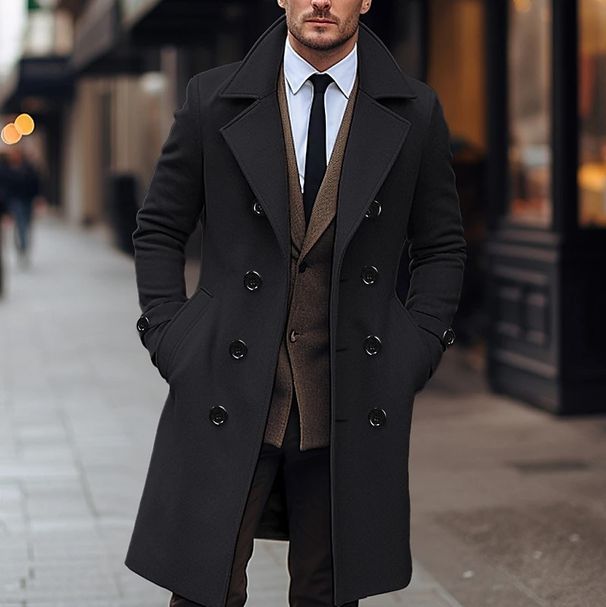 Men's Clothing Fashion Solid Color Wool Coat Korean Style Double Breasted Medium Length Woolen Windbreaker Jacket_viptrois.com