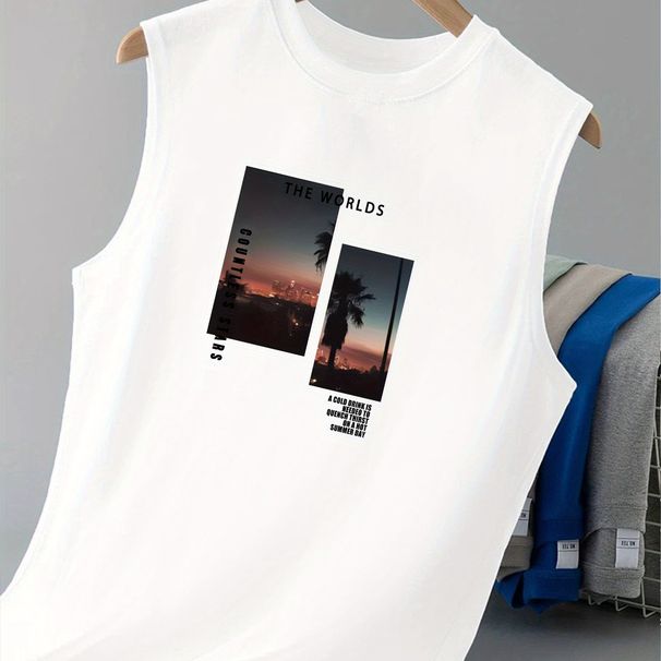 100% Pure Cotton Men's Summer Leisure Sports Fitness Loose Landscape Pattern Printed Breathable Round Neck Sleeveless Vest_viptrois.com