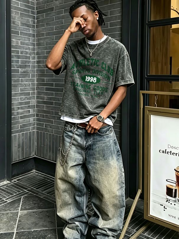 230g Vintage Washed Men T-Shirt Green 1998 ATHLETIC CLUB Vintage Font Print Short Sleeve Street Casual Top_viptrois.com