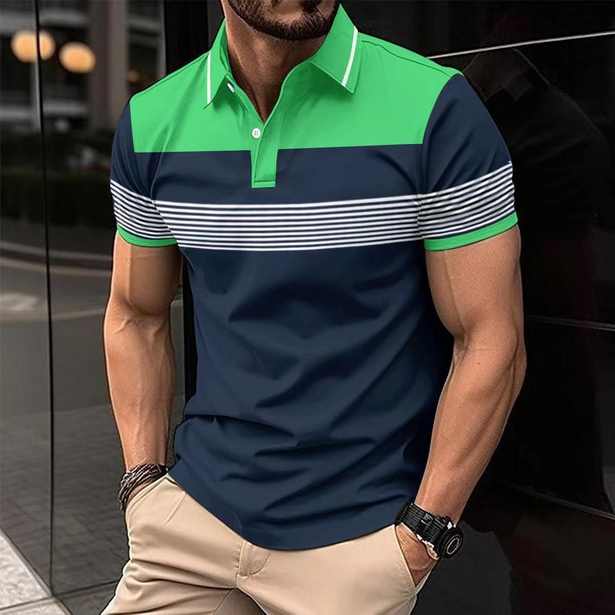 Men's New Digital Printing Lapel Button Business All Match Polo Shirt_viptrois.com