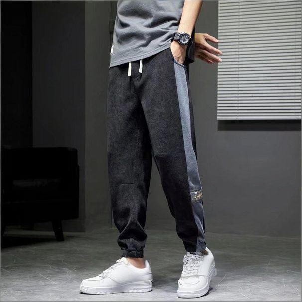 Men's Clothing Men's Corduroy Casual Pants Color Blocking Loose Fit Jogger Leg Style Trendy Elastic Waist For Spring Autumn_viptrois.com