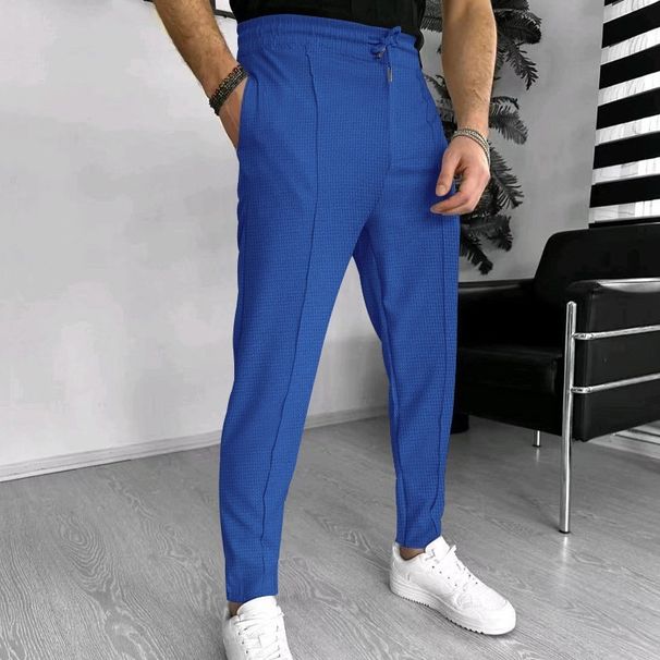 Men's Clothing New Men's Casual Drawstring Solid Color Waffle Sports Trousers_viptrois.com