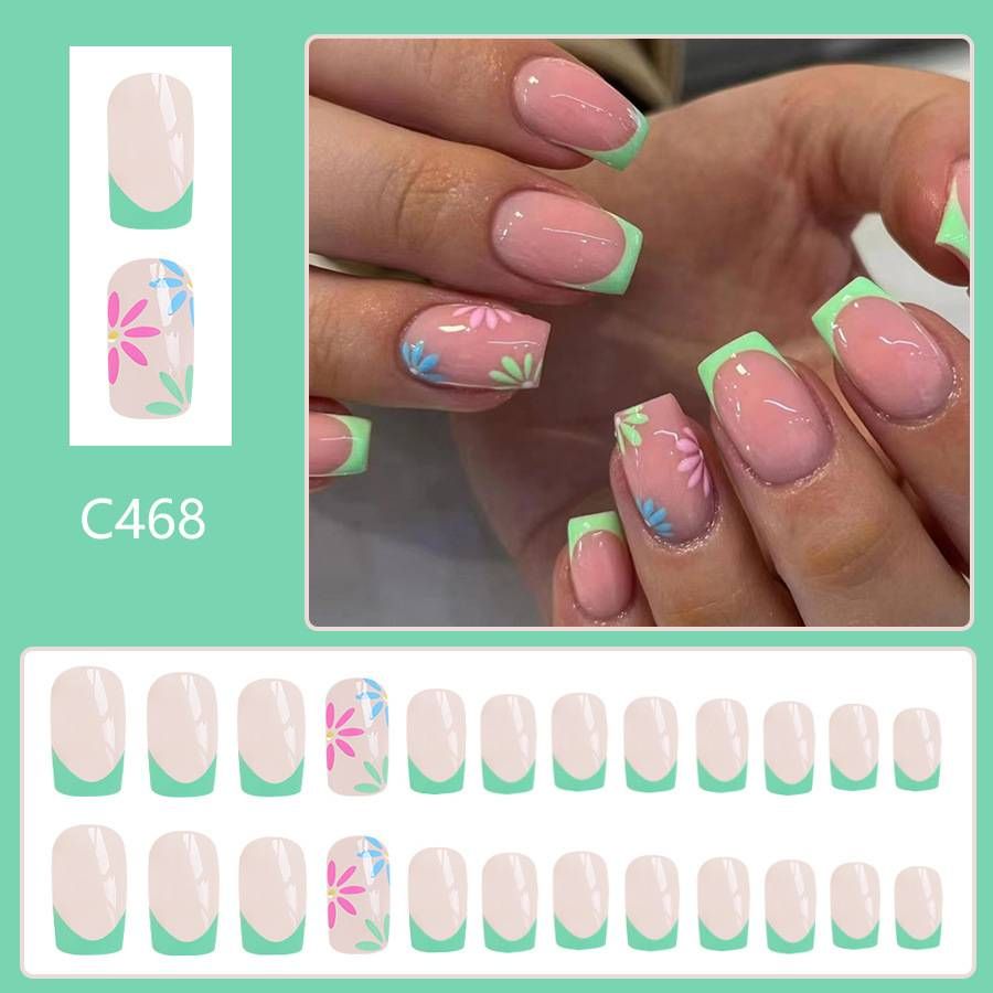 Short French bright face wearing nail art multicolor flowers fresh simple European and American fashion nail piece foreign trade ins24 piece_viptrois.com