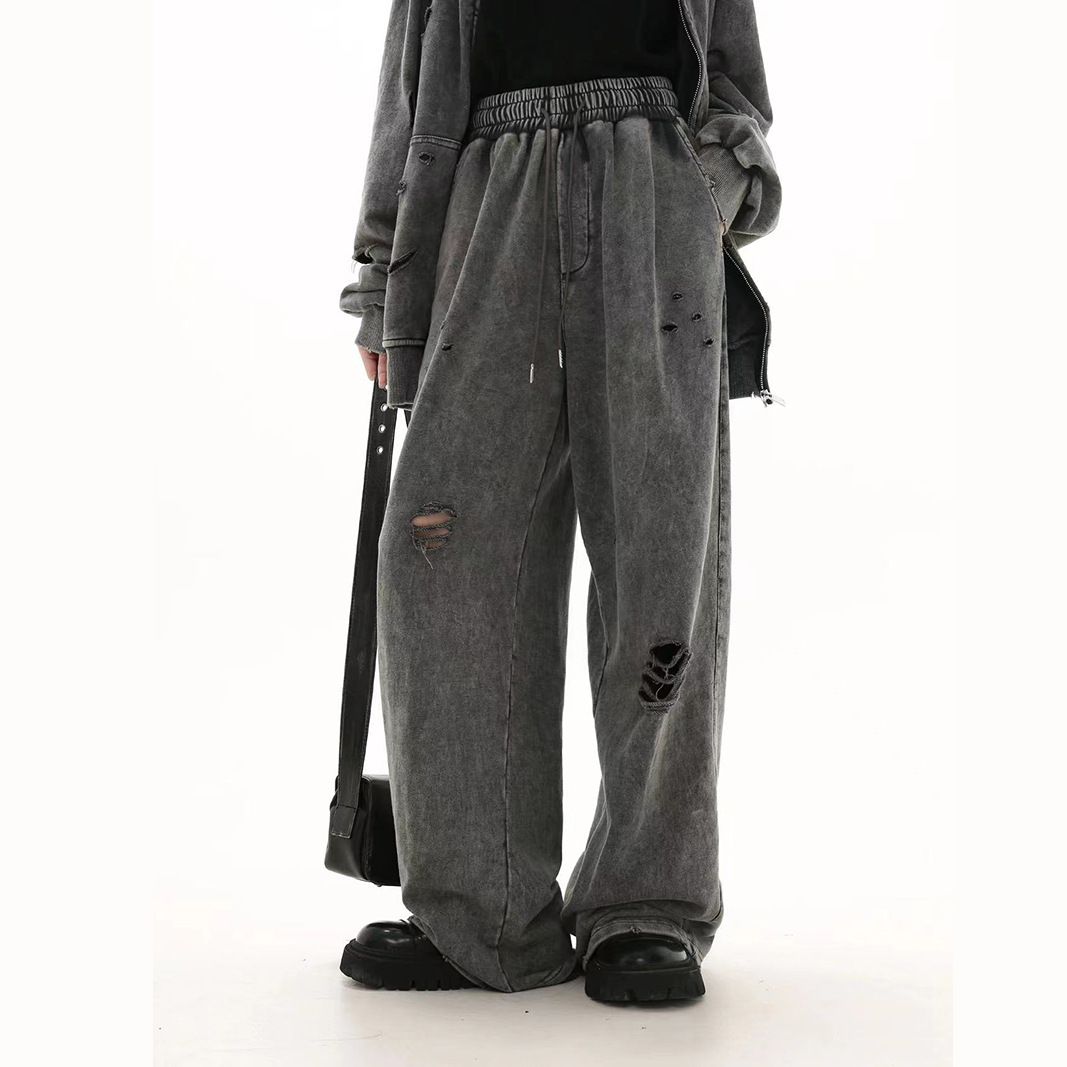 Men's Clothing New Autumn And Winter Ripped Cotton Terry Sweatpants Men's Loose Straight Casual Sports Wide Leg Pants Cross Border American Trend_viptrois.com