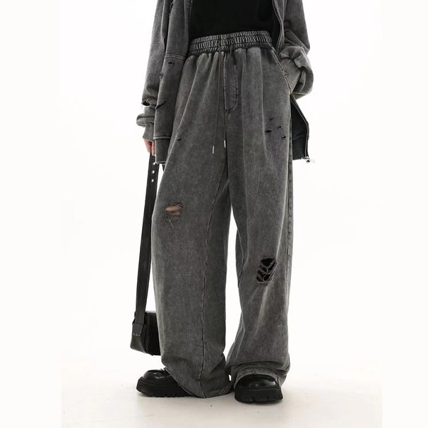 Men's Clothing New Autumn And Winter Ripped Cotton Terry Sweatpants Men's Loose Straight Casual Sports Wide Leg Pants Cross Border American Trend_viptrois.com