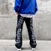 Loom Black High Street Fog Personalized Letter Embroidery Jeans For Men Ins European And American Hip Hop Ripped Flared Loose_viptrois.com