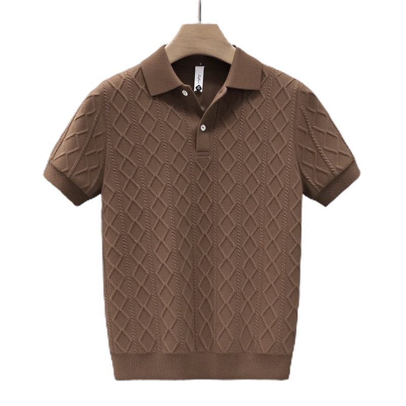 Men's Slim Fit Short Sleeve Polo Shirt - Breathable Knit Fabric, V-Neck & Collar Design, Casual Business Wear (Black, White, Gray, Coffee)_viptrois.com