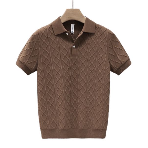 Men's Slim Fit Short Sleeve Polo Shirt - Breathable Knit Fabric, V-Neck & Collar Design, Casual Business Wear (Black, White, Gray, Coffee)_viptrois.com