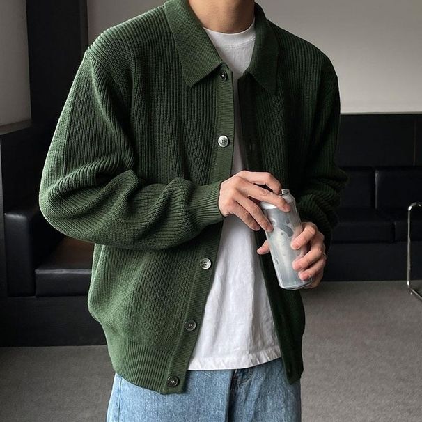 Pure Autumn Winter Trend Solid Color Turn-Down Collar Knit Loose Lazy Men's Cardigan Sweater Casual Korean Style Jacket_viptrois.com