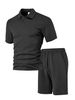 Fashion Men Solid Color Waffle Texture Polo Shirt And Shorts Summer Daily Co Ord Outfit_viptrois.com