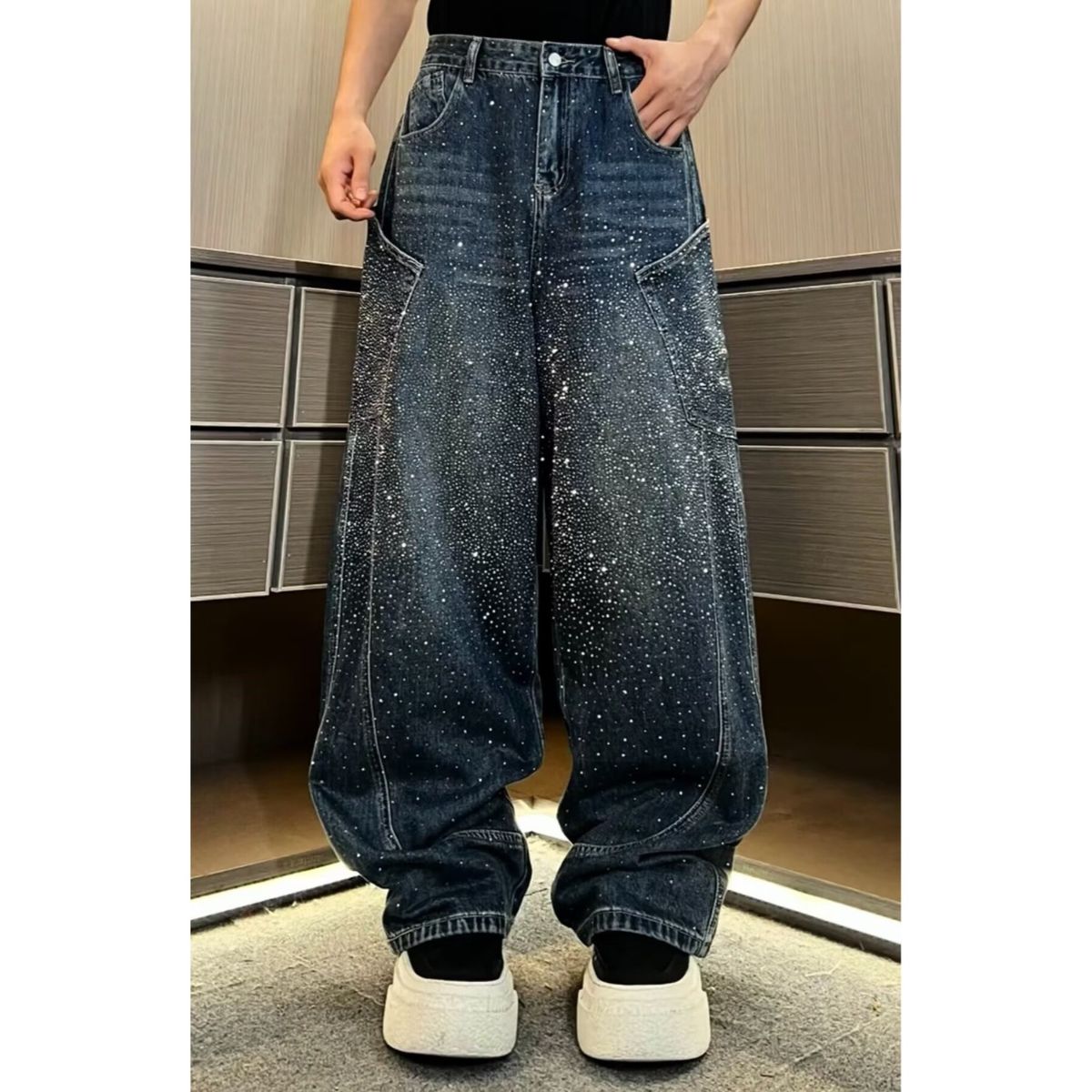 Men's Clothing High End Men's Rhinestone Studded Straight Leg Jeans Spring Collection Street Style Loose Wide Leg Pants Fashion_viptrois.com