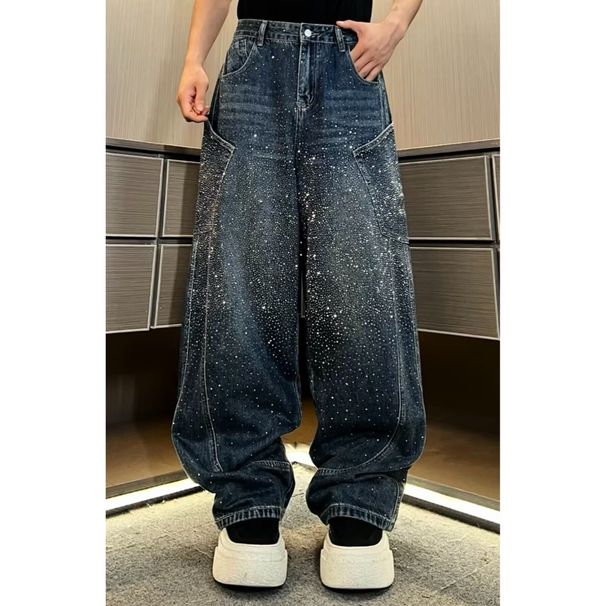 Men's Clothing High End Men's Rhinestone Studded Straight Leg Jeans Spring Collection Street Style Loose Wide Leg Pants Fashion_viptrois.com