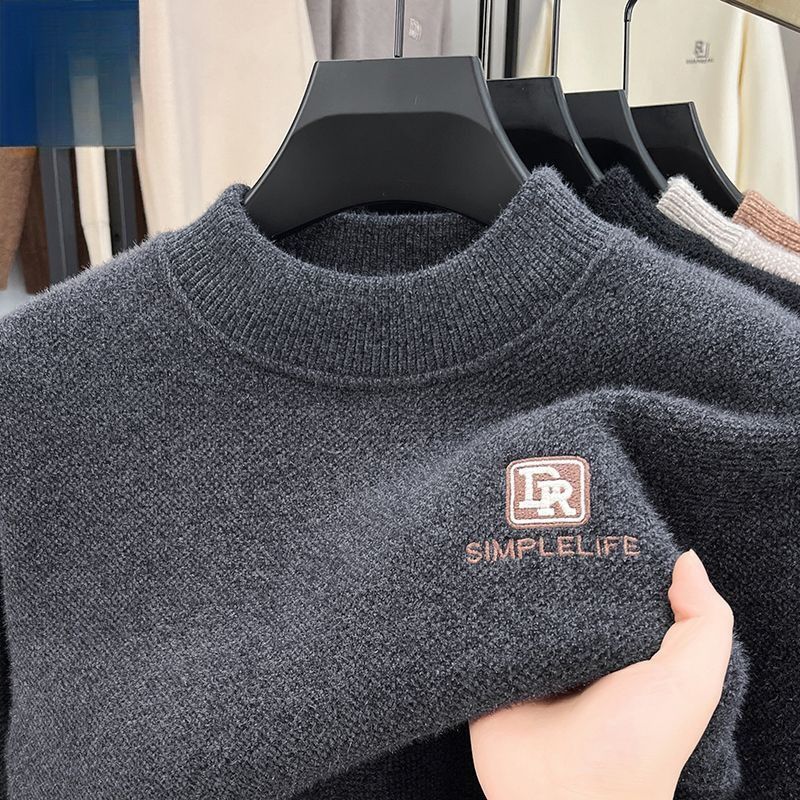 Loom Loom Mink Velvet Half Turtleneck Knitwear Men's Autumn Winter Trendy Embroidered Base Sweater Warm Loose Plus Size Inner Wear_viptrois.com