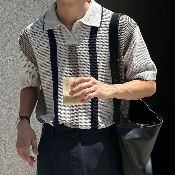 Men's Clothing Striped Lapel Polo Shirt Design Niche Men's Loose Sweater T Shirt_viptrois.com