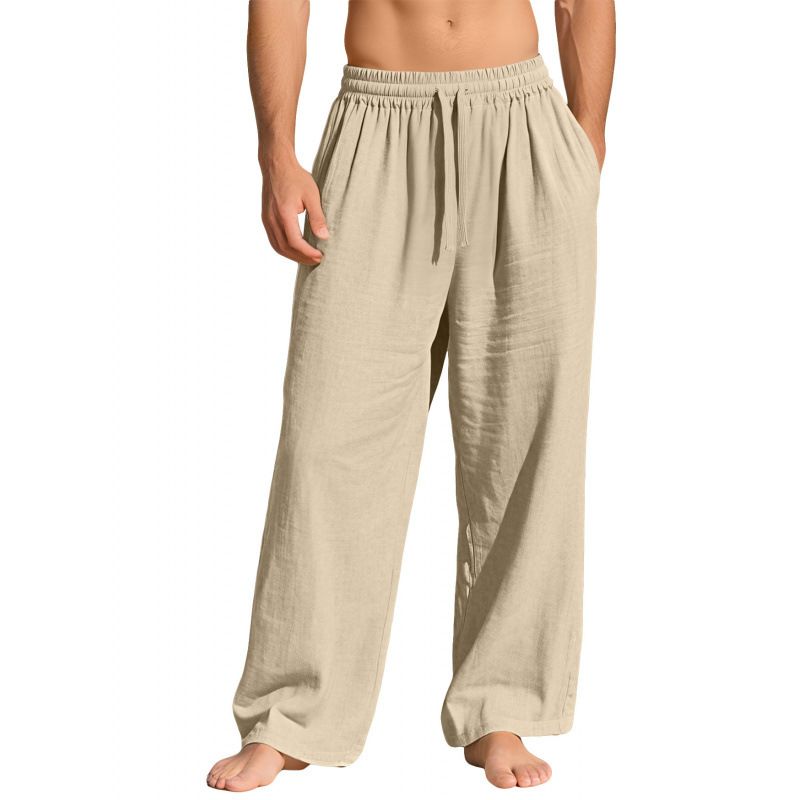 Men's Casual Cotton And Linen Pants European American Style Wrinkled Textured Drawstring Elastic Waist Straight Leg Trousers_viptrois.com