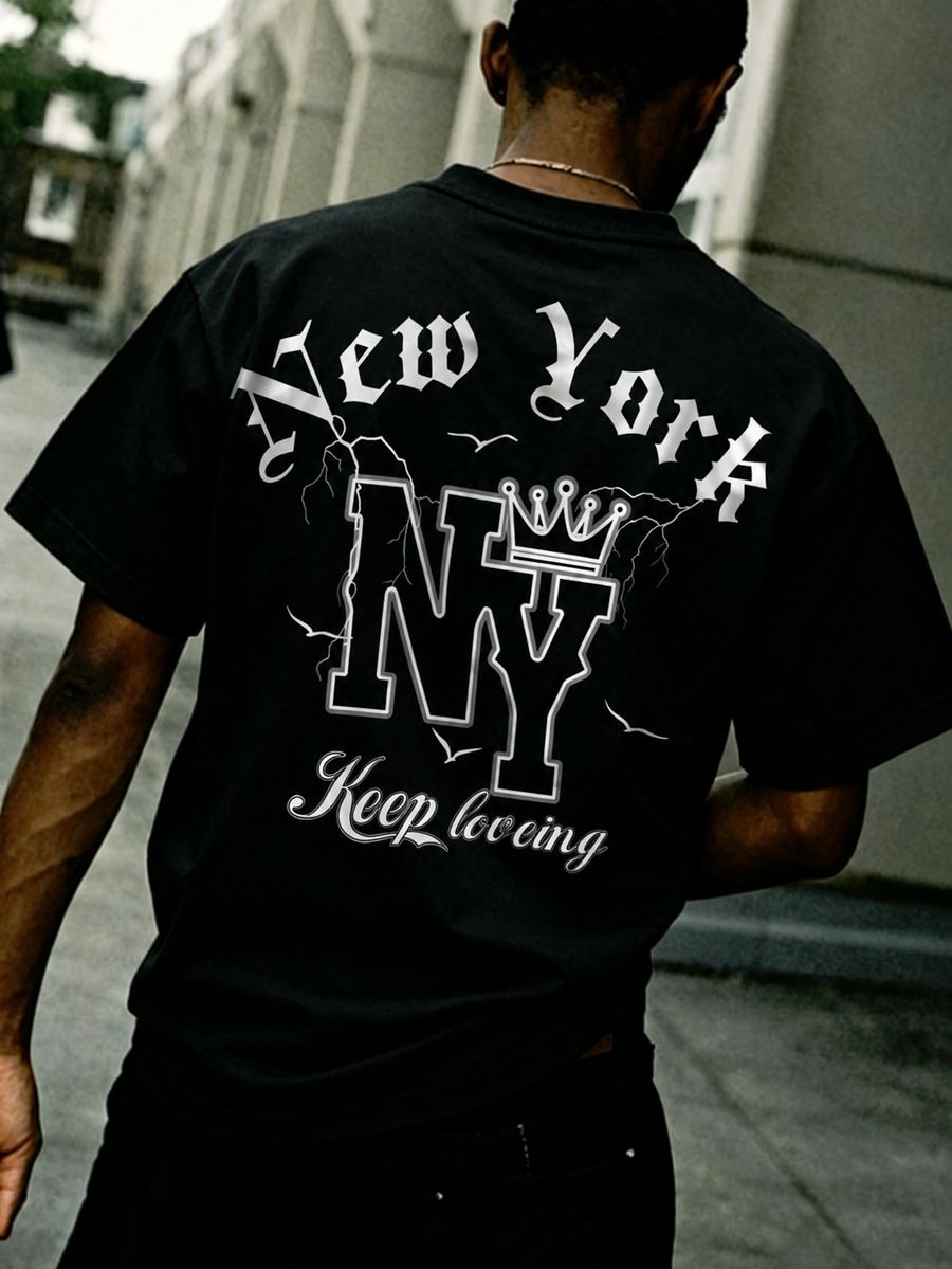 Men's Summer Casual Fashion Short Sleeve T Shirt, High Street Relaxed Style, "NY" Letter Crown, Versatile Casual T Shirt_viptrois.com