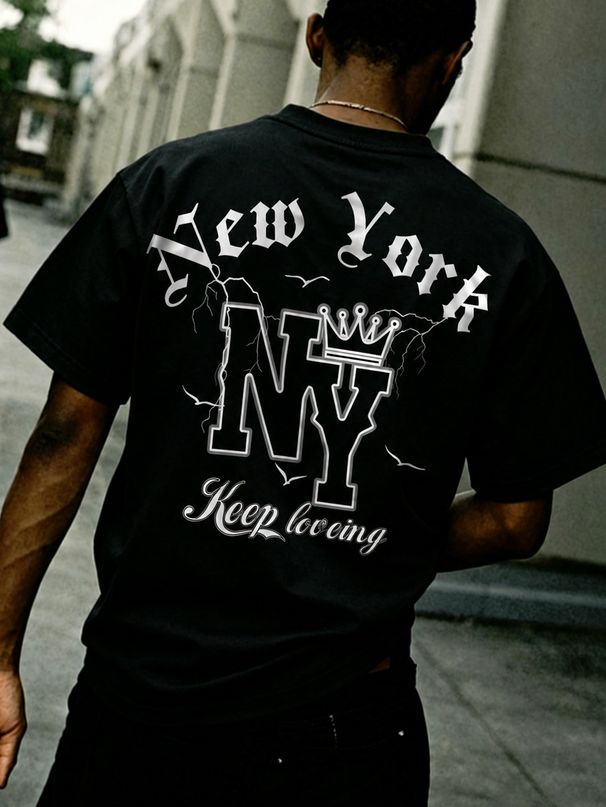 Men's Summer Casual Fashion Short Sleeve T Shirt, High Street Relaxed Style, "NY" Letter Crown, Versatile Casual T Shirt_viptrois.com