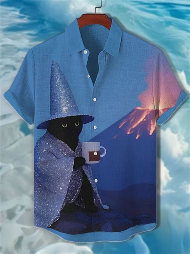 Camisa De Manga Corta Con Estampado De Gato Estilo Vacaciones Para Hombre, Top Informal Holgado Con Cuello, Camisa Moderna Y Transpirable Más Vendida._viptrois.com