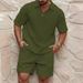 Men's Clothing Casual Trend Fashion Comfortable Waffle Solid Color Lapel Shirt Sports Suit_viptrois.com