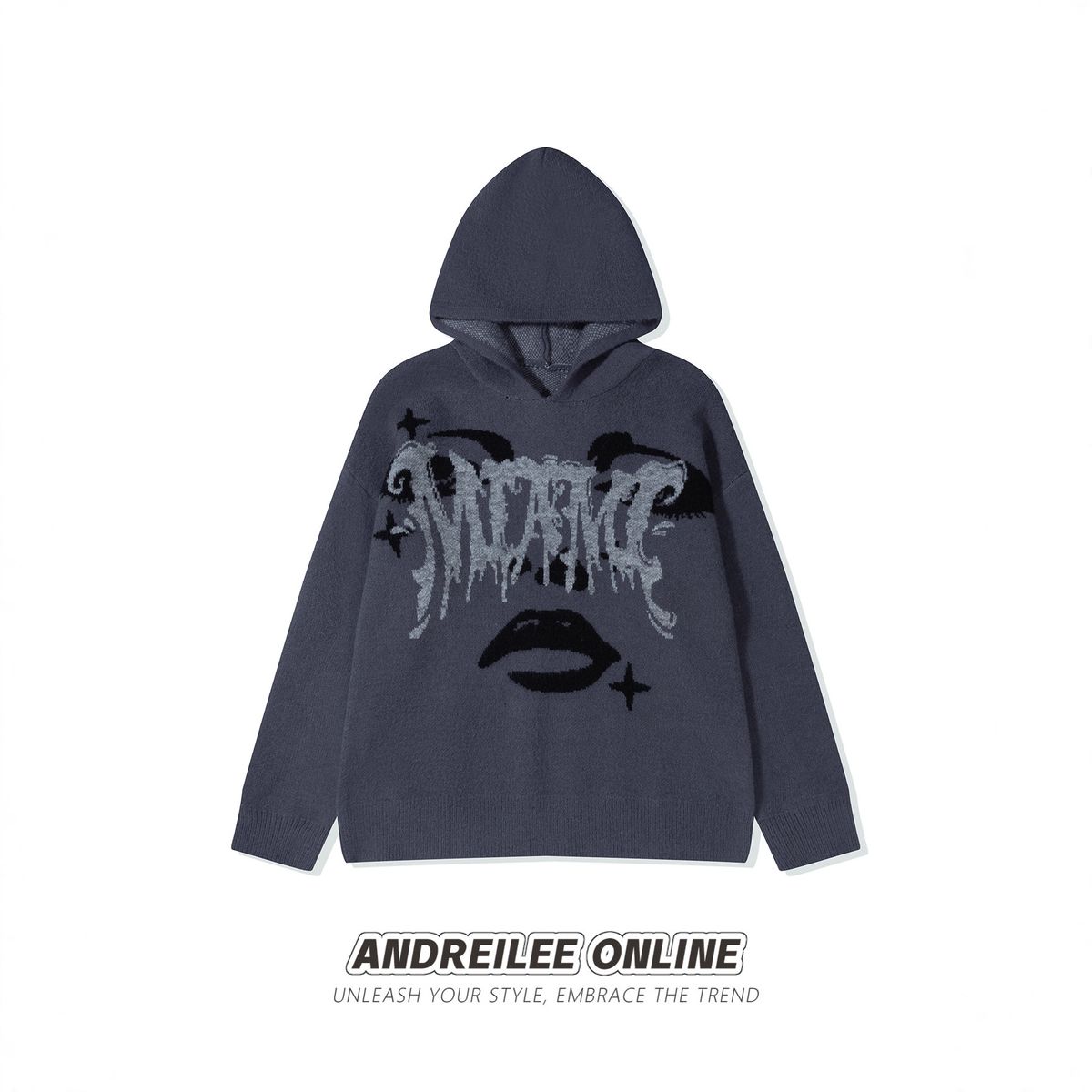 Gothic Letter Hooded Sweatshirt – Unisex Dark Aesthetic Knit Jumper (S-XL, Grey)"_viptrois.com