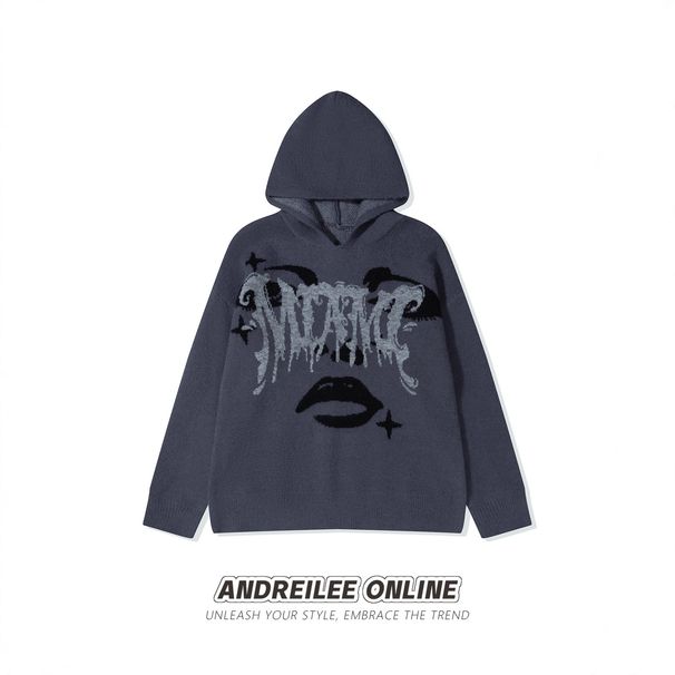 Gothic Letter Hooded Sweatshirt – Unisex Dark Aesthetic Knit Jumper (S-XL, Grey)"_viptrois.com