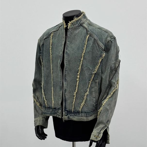 Men's Clothing Retro Deconstructed Raw Edge Fashion Denim Jacket Men's Street Zipper Stand Collar Motorcycle Jacket Short Tassel_viptrois.com