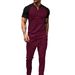 Men's Clothing New Color Matching Casual Waffle Round Neck Short Sleeved Men's T Shirt Trousers Suit_viptrois.com