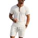 Summer Men's Shorts Set Waffle Knit Collar Color Block Pocket Button Short Sleeved Top And Bottoms Outfit_viptrois.com