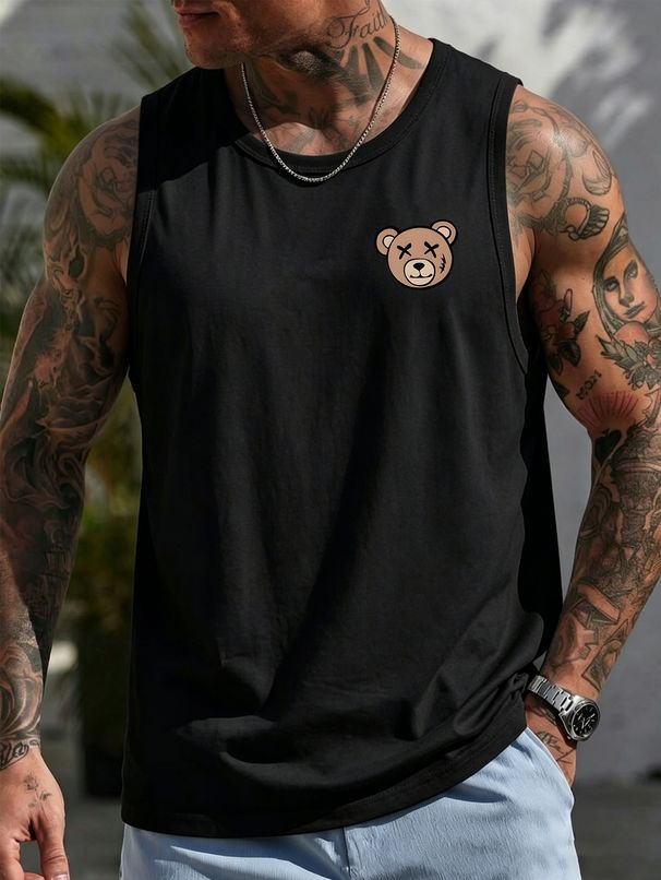 Canotta Uomo Girocollo 100% Cotone Stampa Orso Morbida Traspirante Senza Maniche Fitness Casual Primavera Autunno Multicolore_viptrois.com