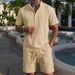 Men's Cuban Collar Linen Shirt & Shorts Set - Breathable Cotton-Linen Blend For Summer (White/Black/Khaki/Sky Blue/Pink)_viptrois.com