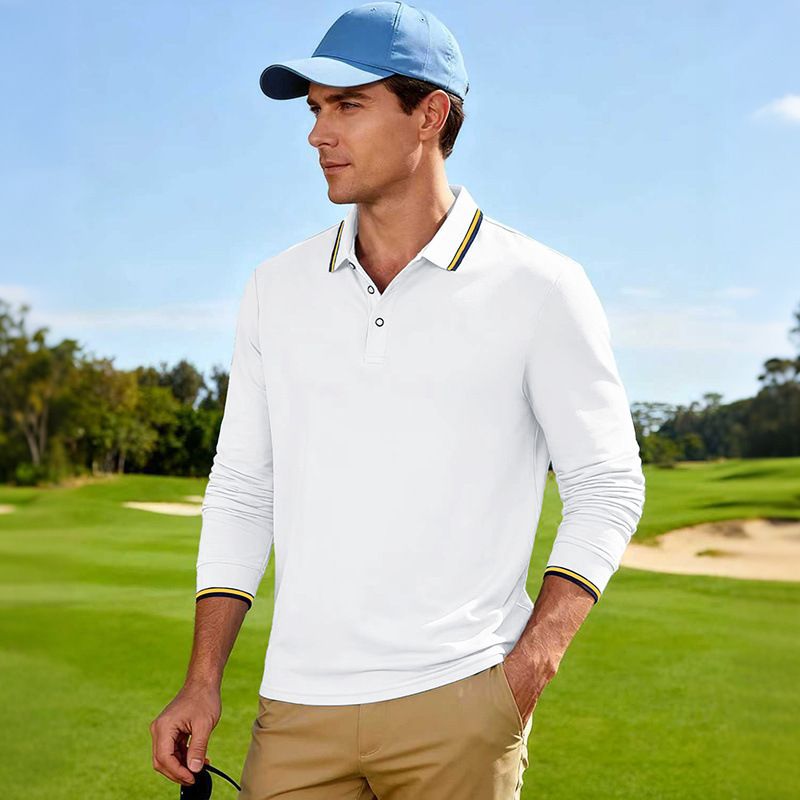 Men's Breathable Quick-Dry Polo Shirt With Jacquard Design, Long Sleeve Loose Fit Casual Golf Shirt For Autumn_viptrois.com