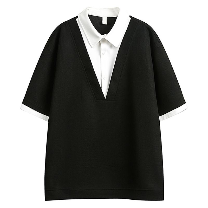 Men's Clothing Two Piece Splicing Polo Shirt Short Sleeved T Shirt Men's Summer Trendy Brand Contrast Color Shirt Collar Mid Sleeve Top_viptrois.com