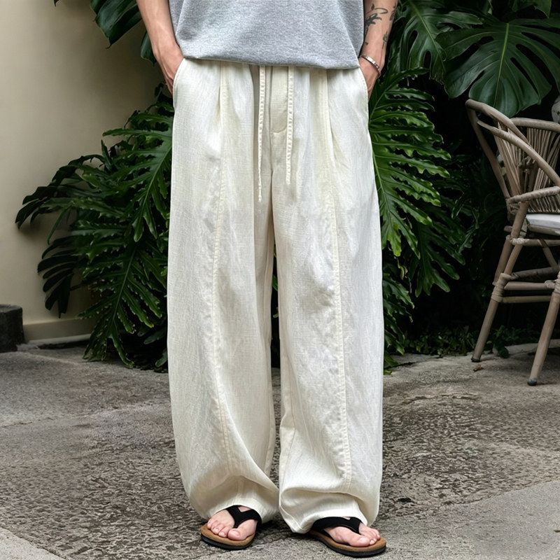 Summer Lyocell Tencel Linen Pants for Men Wide Leg Casual Breathable Long Trousers Cotton Blend Comfortable Fit_viptrois.com