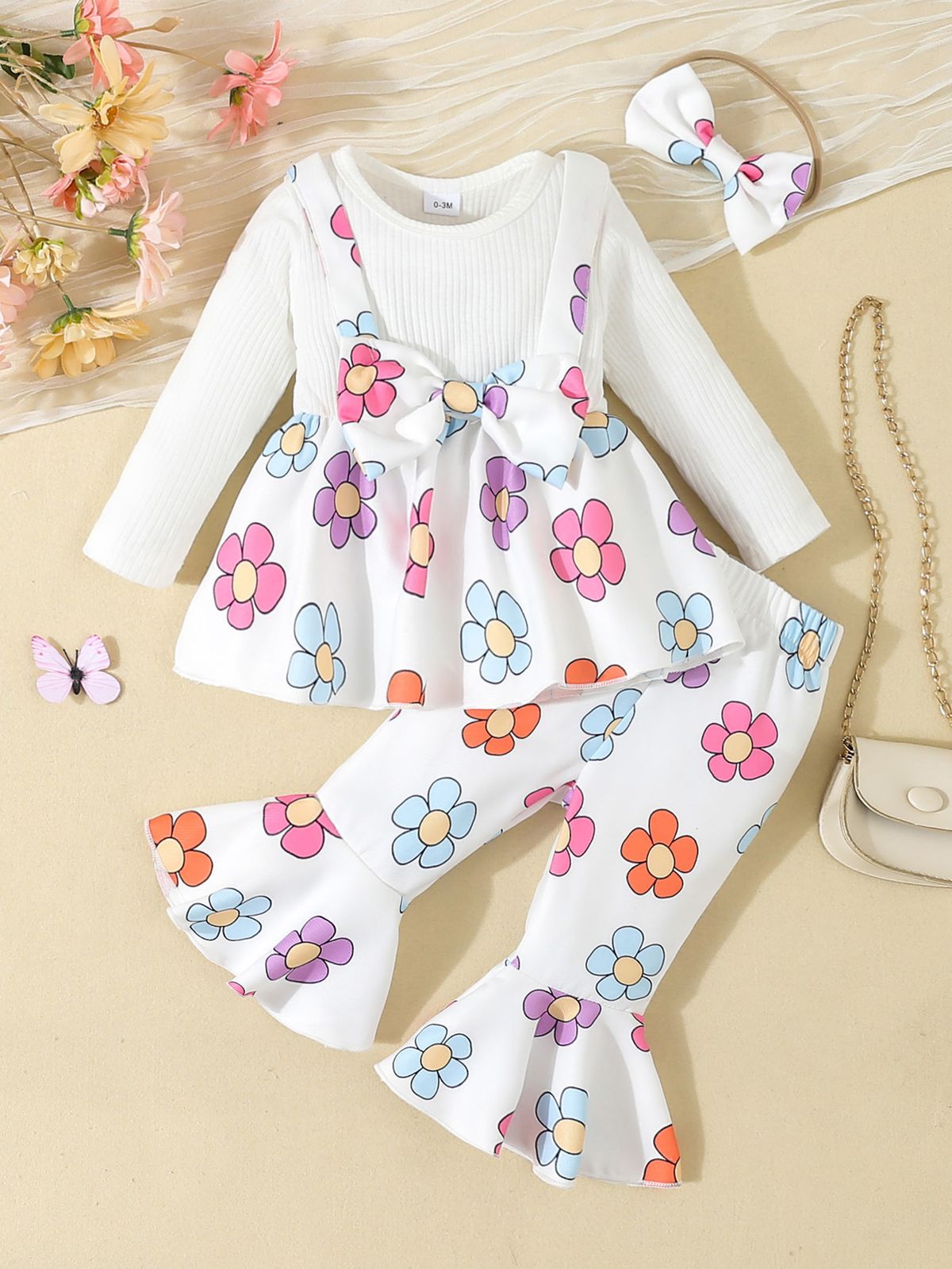 "Elegant Checkered Bow Baby Girl Outfit Set - Long Sleeve Top & Pants, Soft Polyester Blend, Princess Style (1-3 Years, 80-100cm)"_viptrois.com