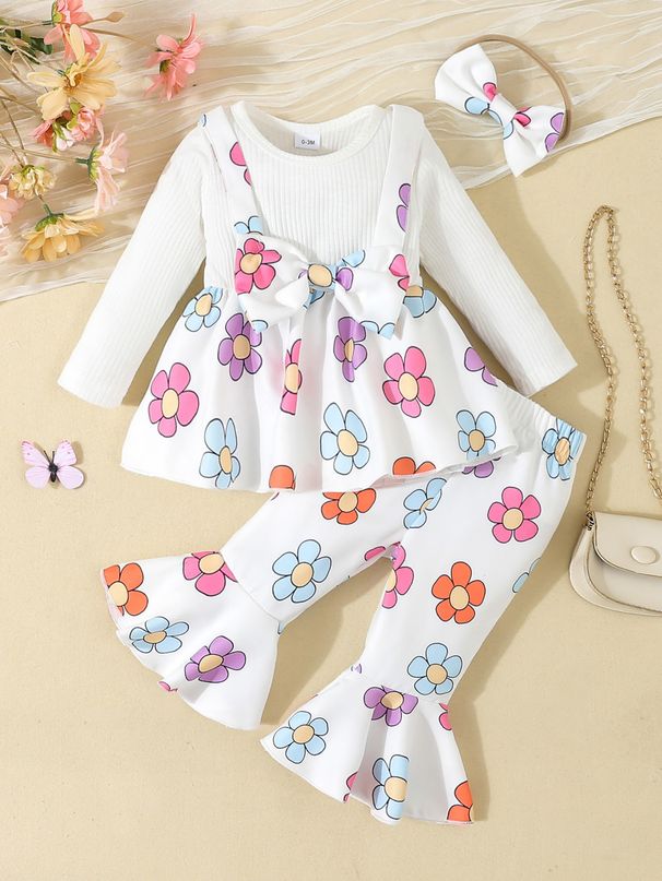 "Elegant Checkered Bow Baby Girl Outfit Set - Long Sleeve Top & Pants, Soft Polyester Blend, Princess Style (1-3 Years, 80-100cm)"_viptrois.com