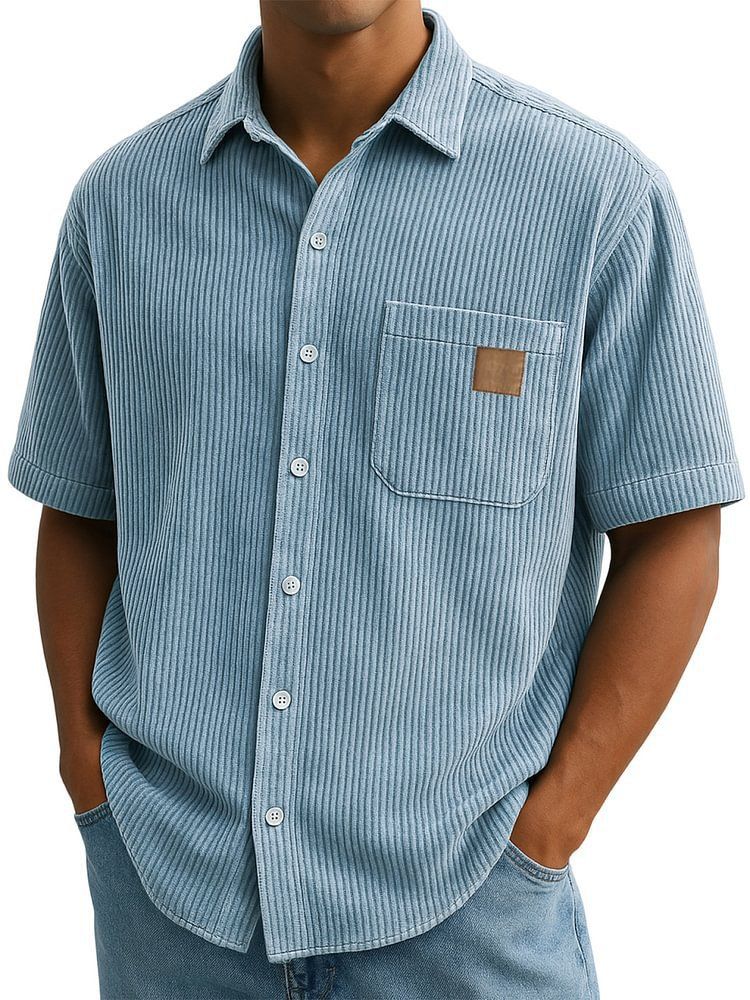 Men's Vintage Corduroy Short-Sleeve Shirt – Retro Button-Up With Patch Pockets & Leather Logo (Khaki/Grey/Navy/12 Colors, S-5xl)_viptrois.com
