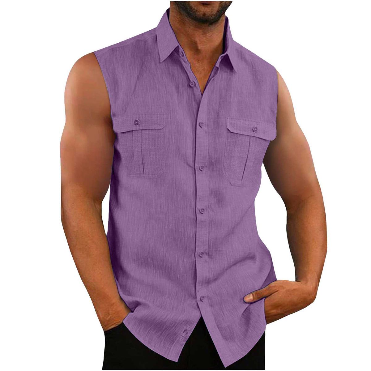 Men's Clothing Men's Shirt Double Pocket Cotton And Linen Sleeveless Shirt Casual Vacation Shirt_viptrois.com