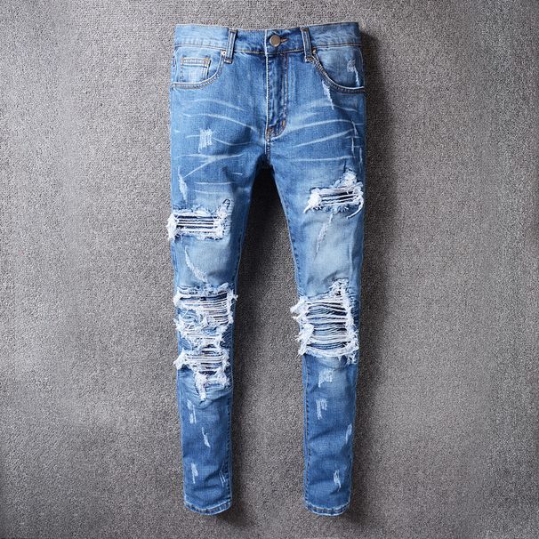 Men's Clothing High Street Fashion Ripped Men's Jeans Blue Patchwork Street Trend Elastic Slim Fit Hip Hop Men's Trendy Pants_viptrois.com